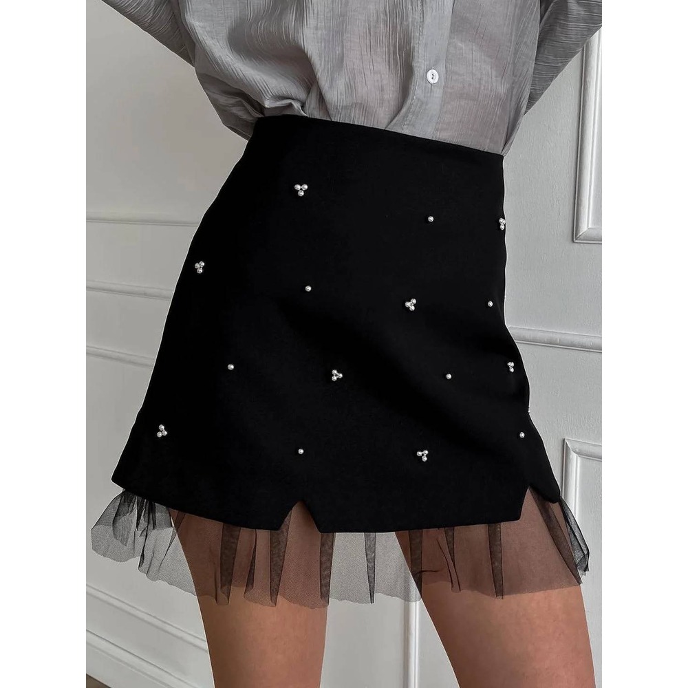 COMMENSE Y2K Black Beaded Tulle Trim A-Line Mini Skirt NEW Size M
